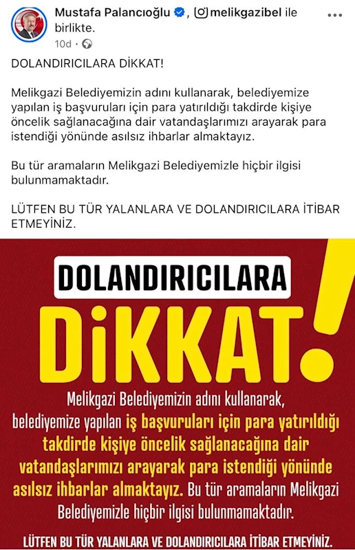 Başkan Palancıoğlu’ndan ‘dolandırıcı’ uyarısı
