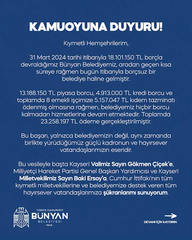 Bünyan Belediyesi borçsuz hale geldi

