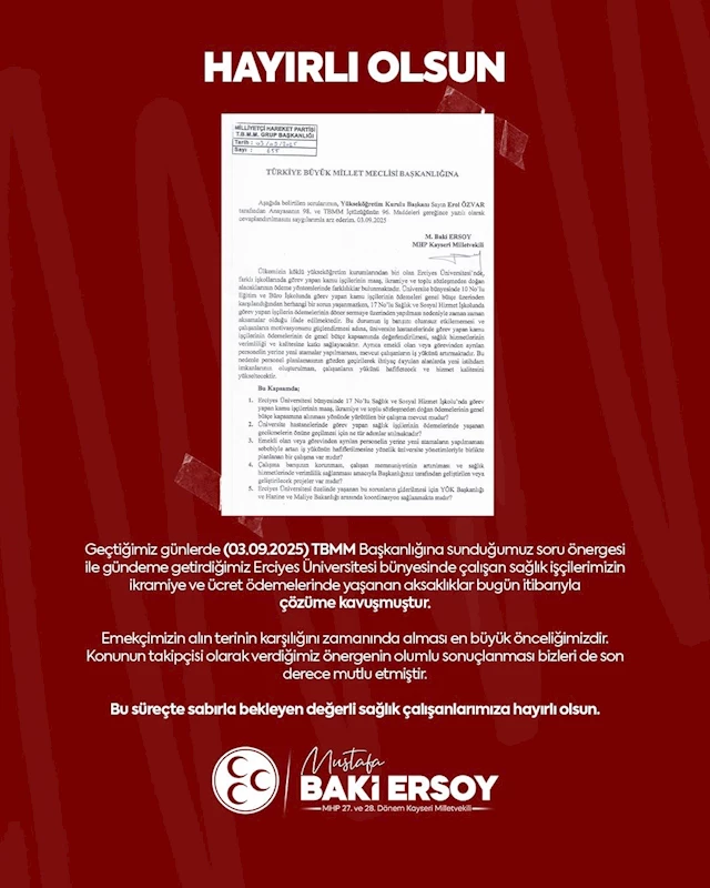 Milletvekili Ersoy’dan sağlık işçilerine müjde
